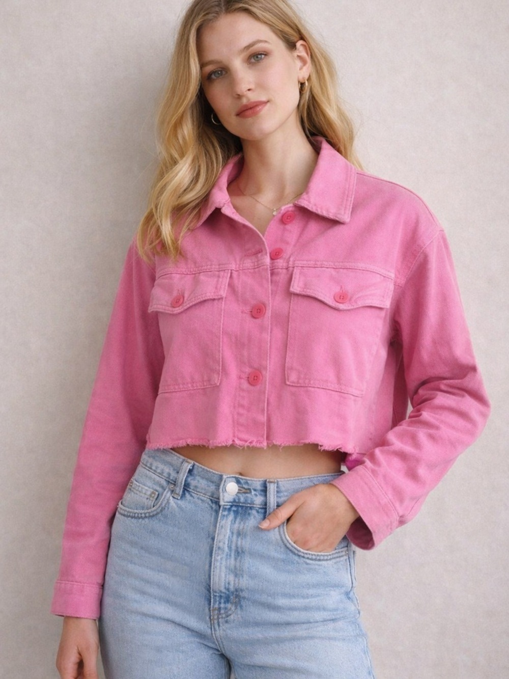 Zara Pink Cropped Denim Jacket Raw Hem Boxy Utility Jean Jacket Women’s S